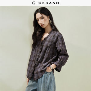 Giordano Women Vintage checkered lace V-neck seven-quarter sleeve woven shirt - High Quality Free Shipping 18346204