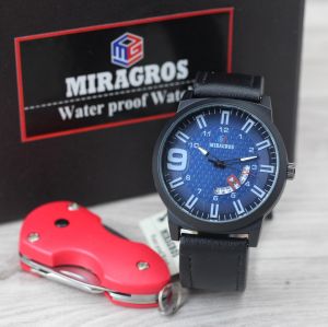 Jam tangan Miragros 60062 tali kulit tanggal aktif free gantungan kunci original pria