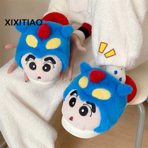XIXITIAO Personalized Creative Crayon Xiaoxin Dynamic Superman Thermal Cotton Slippers Female Autumn and Winter Home Indoor Fluffy Shoes