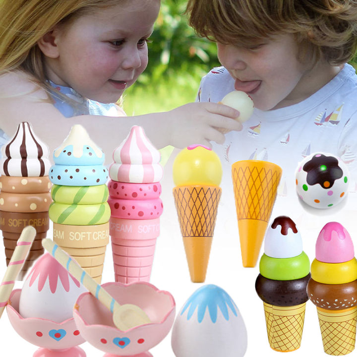 Wooden Ice Cream Toys Set Ice Cream Cones and Sundae Pretend Play Food