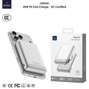 Wiwu 10000mAh 45W PD Digital Magnetic Power Bank with Stand - 3C Certified - Mini Portable - Airplane Safe - CE FCC RoHS Compliant