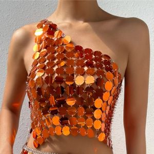 y See through sequin One Shoulder Crop Tops for Women fashion Trendy Nightclub Party Paillettes Crop Top Sequined Skirt Y2k