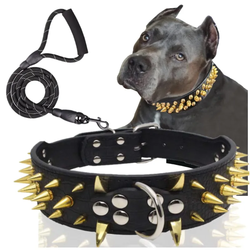 Pet Sharp Spiked Dog Collar with Leash - Stylish Studded Leather Dog Collar  - Suitable for Medium and Large Dogs - Such as Pitbull Mastiff (Black)