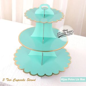 Cake Stand HIJAU Polos List Gold / 3 Tier Cupcake Stand / standing
