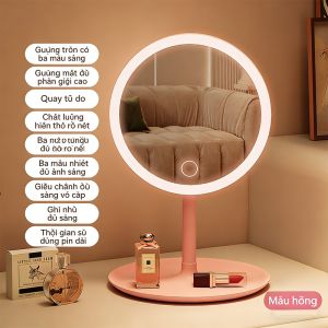 Gương Trang Điểm LED Để Bàn Cảm Ứng 3 Chế Độ Sáng Xoay 360 Độ