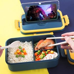 Nordic Style Wheat Straw Bento Lunch Box 1.5L with Handle Spoon & Chopsticks Storage Three Compartment Food Container