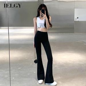 IELGY กางเกงสลิมฟิตสำหรับผู้หญิงลำลองเอวสูงกางเกงขาบานดำกางเกงขาม้าเครื่องเทศ
