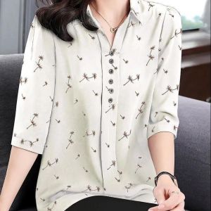 3/4 long sleeve ormal white formal blouse for women plus sizeFashion Loose Chiffon Print korean casual office plain Floral Half Sleeve T-shirts tops