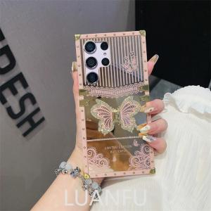 Case for Samsung Galaxy S23 Ultra S23 Plus S21 S22 Ultra Luxury Gilt Back Cover with Gilt Rhinestone Butterfly Bracket Four Corners Reinforcement Anti-drop Shockproof Protective Cover