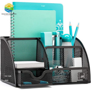 7-in-1 Black Wire Mesh Office Desk Organizer Large Capacity Pen Pencil Holder Stationery Storage Box Rack Desktop Tidy Organizer for Cards Notebooks Sticky Notes Fast Shipping High Quality