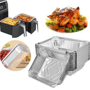 RISEDOT 10/20/50pcs ใช้แล้วทิ้ง ถาดอลูมิเนียมฟอยล์สำหรับทอดอากาศ น้ำมันหลักฐาน ไม่ติดกระทะ ชามบรรจุอาหาร  สี่เหลี่ยมมุมฉาก ถาดฟอยล์ดีบุก สำหรับอบย่าง
