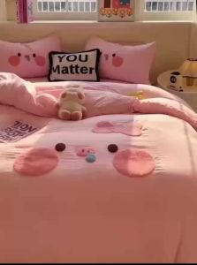 ins Solid Color Cute Pig Towel Embroidered Washed Cotton Bedding Set Four-Piece Set Duvet Cover Bed Sheet Student Dormitory Three-Piece Set LZD