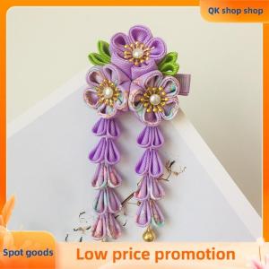 ✨QK shop✨ Japanese Kimono Fabric Flower Folding Fan Children Hair Accessories Clip Tassel Headwear Headdress Barrette