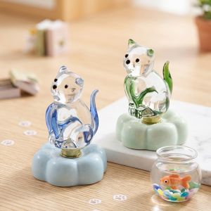 MINIAT Glass Glass Cat Figurine Rotating Base Ceramic Cat Animal Statue Gifts Transparent Finish Glass Animal Ornament Car Dashboard Decor