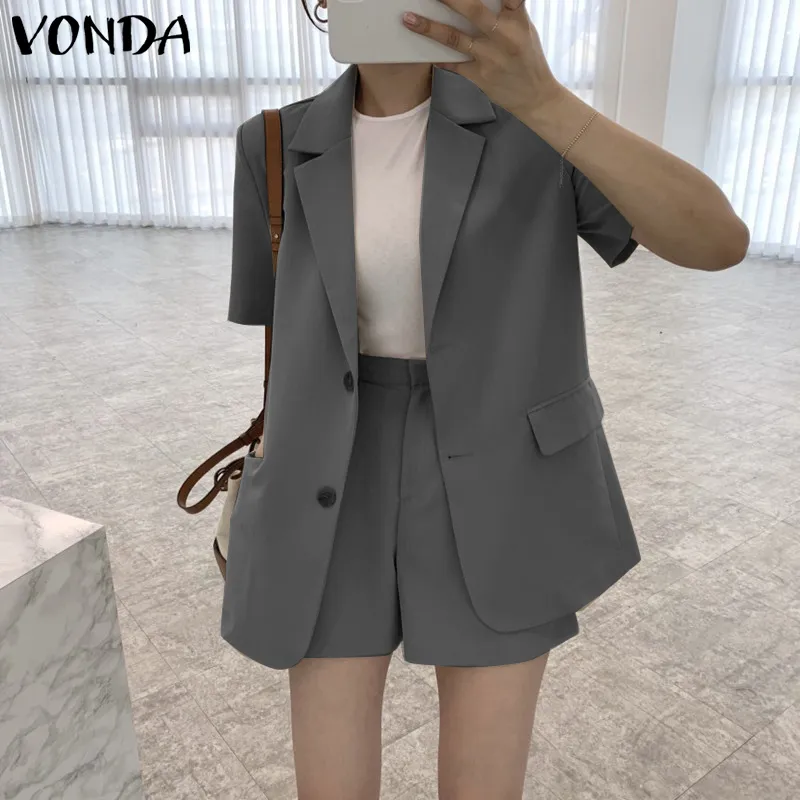 COD》VONDA Two Piece Blazer Suit Women Office Sets Short Sleeve