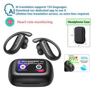 HTC NE61 AI Translator Wireless Bluetooth Earbuds Heart Rate Monitor Supports Real-Time Translation in 134 Languages IPX5 Waterproof with LCD Full Color Touch ScreenWorks with IOS & Android