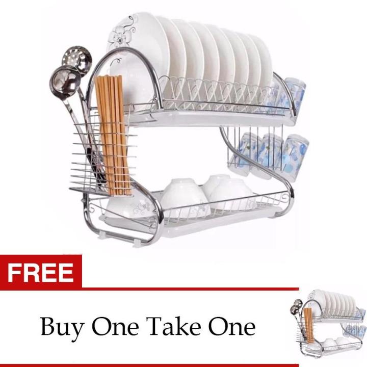 HONGKONG 2 Tiers Kitchen Dish Drying Rack with Tray (Silver) Buy One