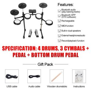 Minsine Portable Electric Drum Set for Beginne with 5 Quiet Mesh Pads 30 Drums Kits  with 2 Switch Pedal