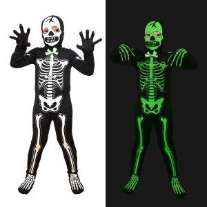 YOUSHI TOP Dress Up Costumes Halloween Skull Costume Glow-in-the-Dark Hooded Performance Suit Cute Doll Role-playing Children Cosplay Costume Halloween