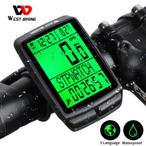 WEST BIKING Waterproof Bicycle Computer 5 Language Wireless Speedometer Multifunction Cycling Odometer Stopwatch LED Backlight Bike Accessories