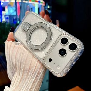 Glitter Bling Folding Stand Holder Bumper Case For iPhone 17 Air 16 15 14 Plus 13 12 11 Pro Max Starry Sky Transparent Covers