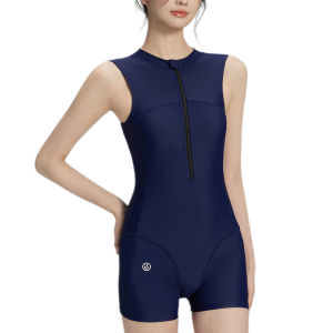 LYSEACIA Womens Navy Blue Sleeveless Zip Front One Piece Swimsuit Modest Sporty Swimwear with Boyleg Shorts UPF 50+ Sun Protection Rash Guard Quick Dry High Elastic Bathing Suit for Swimming Diving Snorkeling Surfing Water Sports