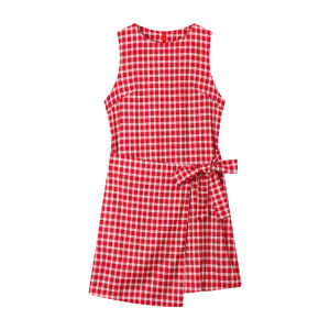 Womens Casual Versatile Plaid Round Neck Bowknot Tie Sleeveless Short Dress