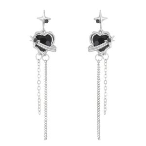 XIAHU 1 Pair Hình trái tim. Bông tai tua rua Lấp lánh Đá pha lê Bông tai dạng đinh Ngọt ngào Chuỗi dài Bông tai quyến rũ dành cho phụ nữ