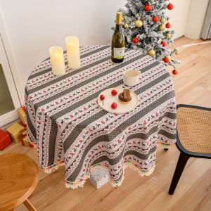 Cross-Border Green Striped Tablecloth Christmas Festival Winter Cotton and Linen Cover Fabric round Color Indoor Red Tablecloth