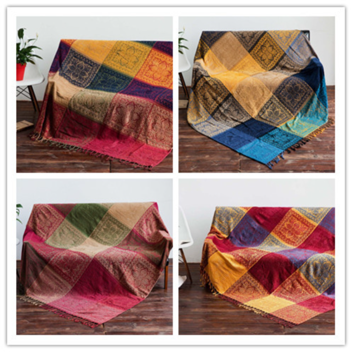 Boho Throw Blanket Sofa Patchwork Chenille Couch Blanket Cover