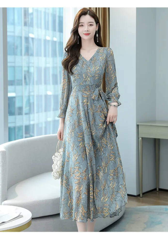 NI Dresses for womenNew style big swing skirt middle-aged waist slim  long-sleeved V-neck A-line skirt fashion print dress Womens Dresses  Middle-aged waist long-sleeved A-line printed dress dresss formal dress  filipiniana modern dress -