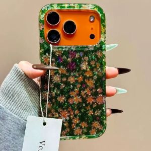 Fashion Oil Painting Flower Floral Print Phone Case For iPhone 17 16 15 14 Pro Max 17Pro Glitter IMD Aesthetics Korean Ins Cover
