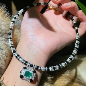 ZOCA Luxury 925 Sterling Silver Black Enamel Created Emerald Necklaces For Women Fine Jewelry