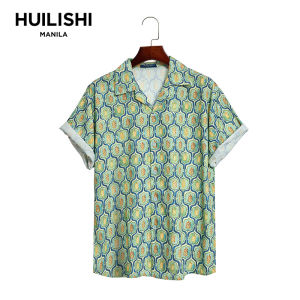 HUILISHI Cuban Collar Summer Mens Printed Short Sleeve Hawaiian Casual Shirt