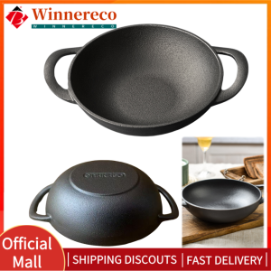 【winnereco】Chinese Wok Pan with Lid & Dual Handle Flat Bottom Stir Fry Pan Non Stick Heavy Dutch Soup Pot for Gas Induction Cooker