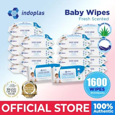 Indoplas Antibacterial Disinfectant Baby Wipes 80 Tender sheets pack of 20 FDA Approved