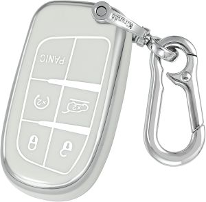 Kirsnda for Jeep Key Fob Cover with keychianTPU Protection Key Case Compatible with RAM Grand Cherokee Renegade Chrysler Durango Journey smart Remote Key(Blue5 Button)