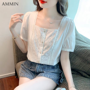 AMMIN  summer new womens collar short-sleeved shirt Korean version all-match lace stitching embroidered chiffon top