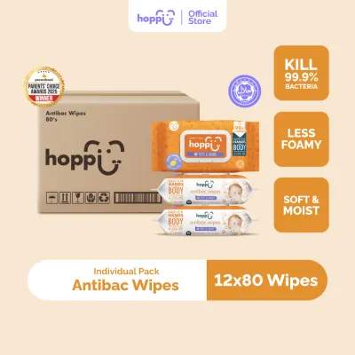 [Upgraded Formula] (CARTON) Hoppi Premium Baby Antibacterial Wipes (80 Wipes x 12 Packs)
