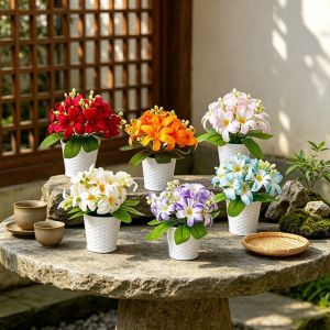 MADEWITH White Artificial Lily Flower with White Pot Woven Artificial Faux Plants Plastic Fake Flower Bonsai Home Decor