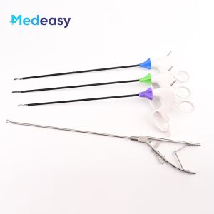 5mm Laparoscopic Medical Forceps 4 tools Maryland DIssector Fenestrated Grasper and Scissors Curved with white handle and needle holder