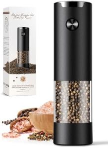 Electric Salt and Pepper Grinder Set Automatic Battery Pepper Mill Shakers Adjustable Coarseness Easy Filling Upgraded Larger Capacity with Led Kitchen Appliances (2 Pack Black/Black）