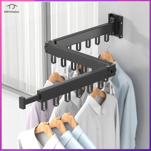 HKStorage Folding Clothes Hanger Wall Mount Retractable Cloth Drying Rack Indoor & Outdoor Space Saving Aluminum Home Laundry Clothesline