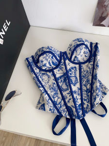 Court Vintage Blouse Women Summer French Stylish Tie Waistboned Bustier Tank Top Sleeveless Jacquard Camisole
