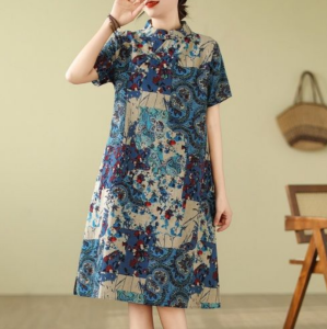 K&WM Cotton Cheongsam Dress with Button Detail Print Loose Fit Stand Collar Short Sleeve Low Slit Slimming Midi Skirt
