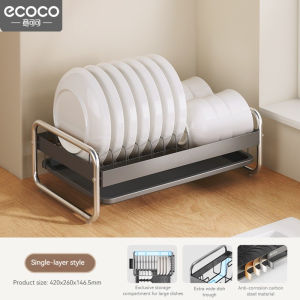 SyokSyok ECOCO 2 Tier Dish Rack Kitchen Organizer Stainless Steel Plate Bowl Drainer Shelf with Drain Tray & Utensil Holder