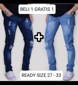 {PAKET HEMAT} BELI 1 GRATIS 1 Celana Jeans Pria Sobek Lutut Ripped Soft Jeans Pensil Stretch - celana jeans sobek FASHION pria - slimfit pria sobek keren terlaris