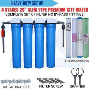 Water Filter 4 Stages 20" Slim Type Premium City Water No Bypass Fittings Complete Set up