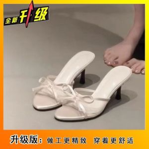 [Free Shipping] Elegant High-Heeled Sandals With A Thin Heel Perfect For Summer Wear Featuring A Single-Strap Design A Bow Detail And A Round Toe