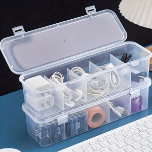 5-Compartment Large Capacity Cable Management Box with Lid -Durable Plastic Perfect for Organizing Cords and Chargers Home Cable Management | Compartmentalized Organizer | Transparent Design Cable Organizer Storag